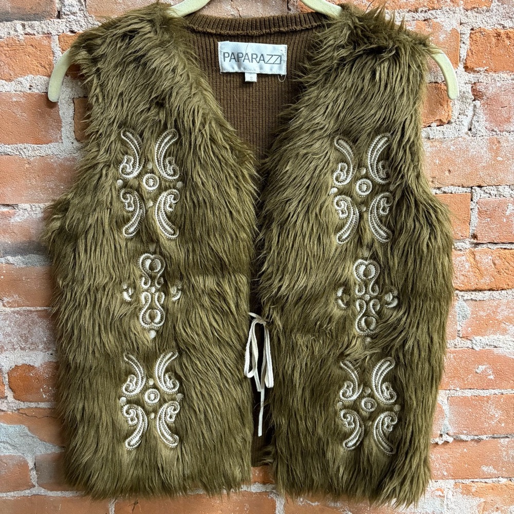 VTG 90s Y2K Paparazzi Brown Faux Fur Embroidery Vest Festival Boho Women’s S